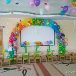 оформление зала шарами детского садика, арка из шаров в цветах, клумбы и букеты. шарики под потолком