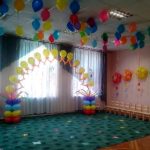 оформление зала шарами, арка из летающих шаров, цветы из шаров на стенах, гелиевые шарики под потолком